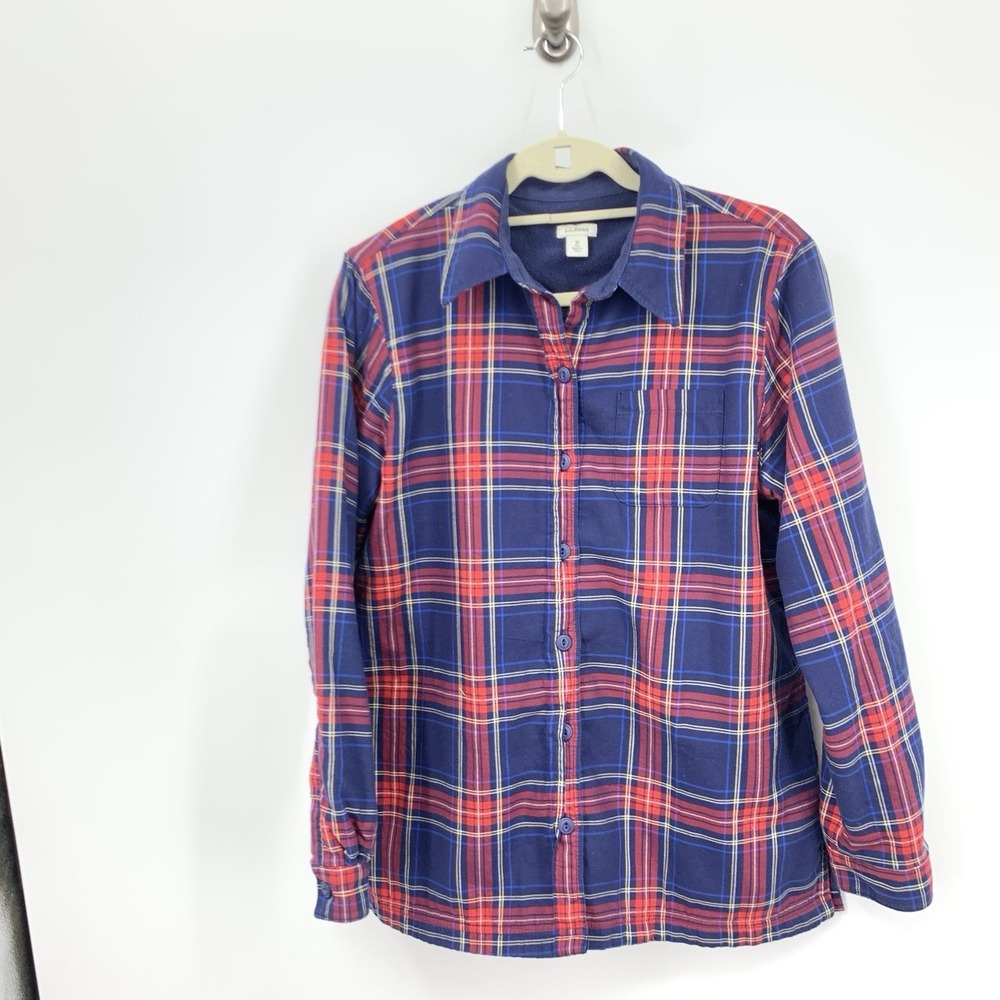 LL Bean Women Size Medium Shirt Button Down Top Blue Red Flannel Fleece Lined